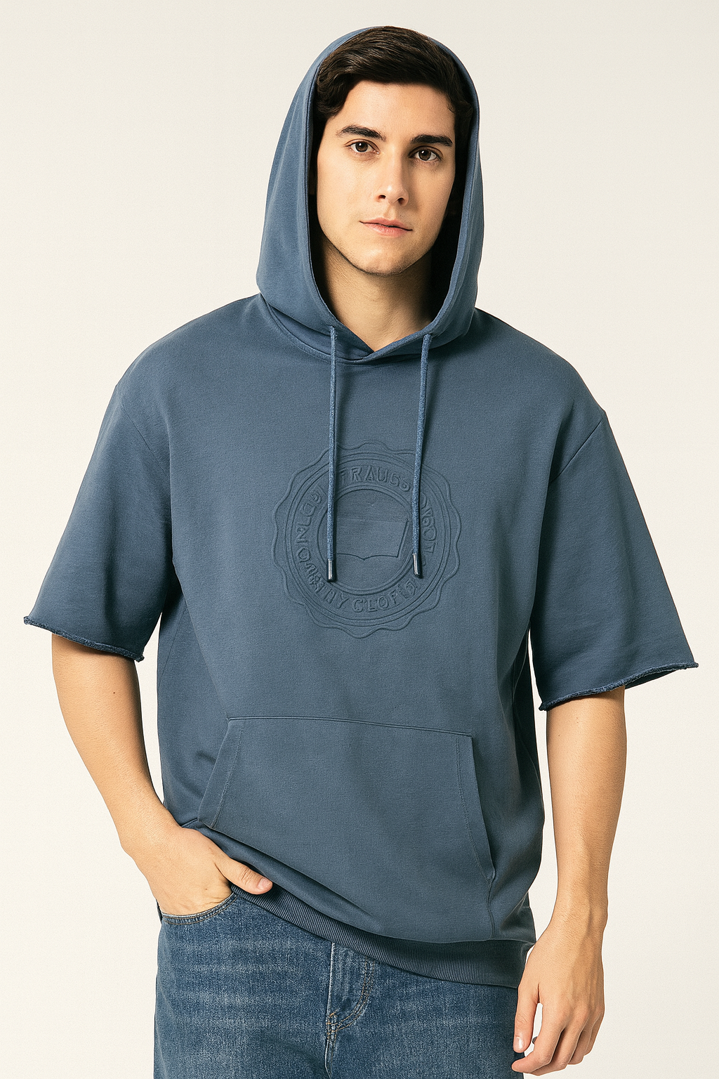 Casual Short Sleeve Cotton Hoodie with Embossed Detail – Blue