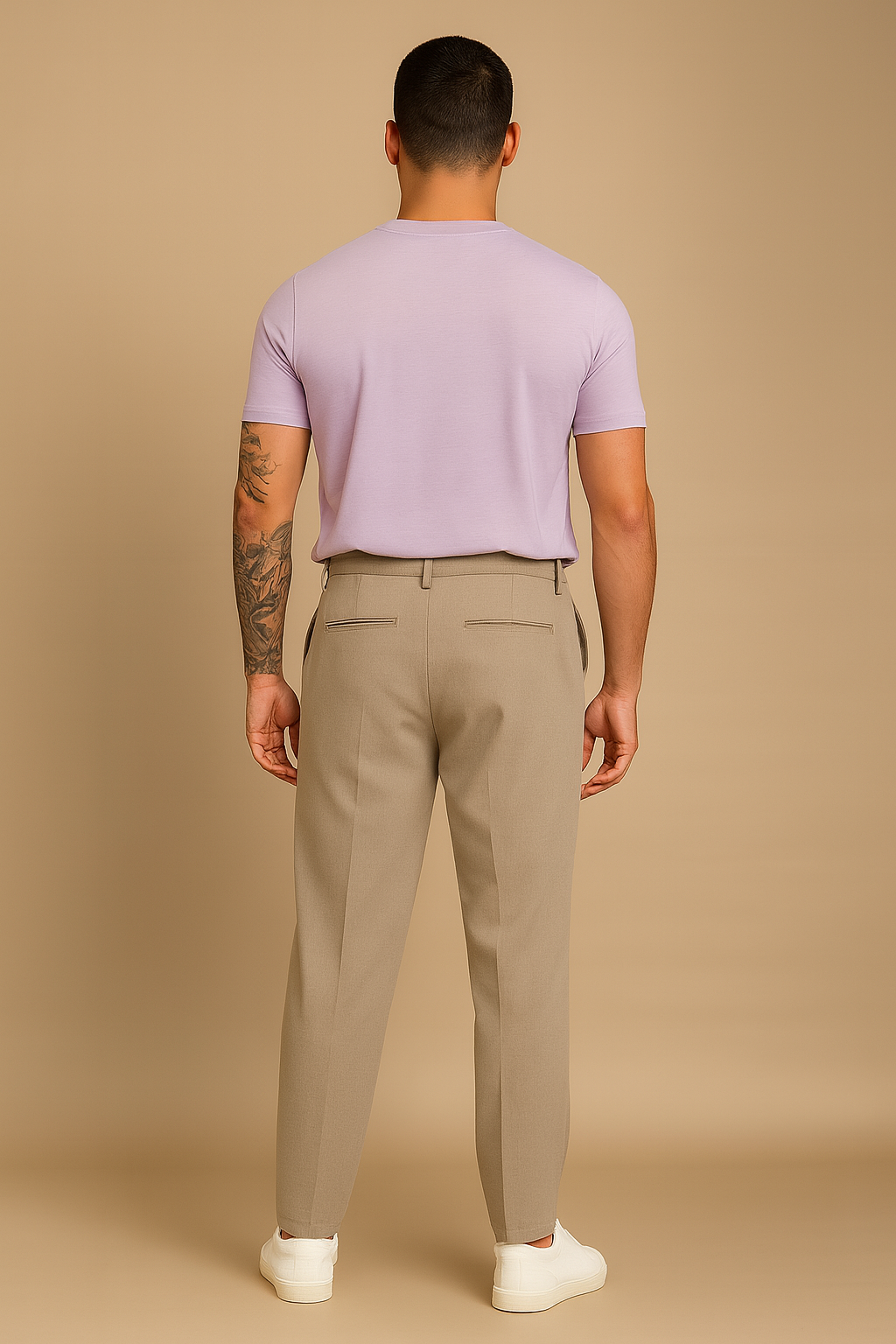 Beige Cotton Relaxed Fit Mid-Rise Trousers