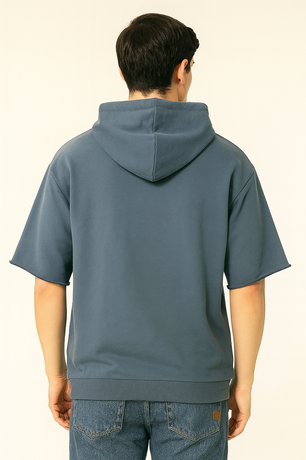 Casual Short Sleeve Cotton Hoodie with Embossed Detail – Blue