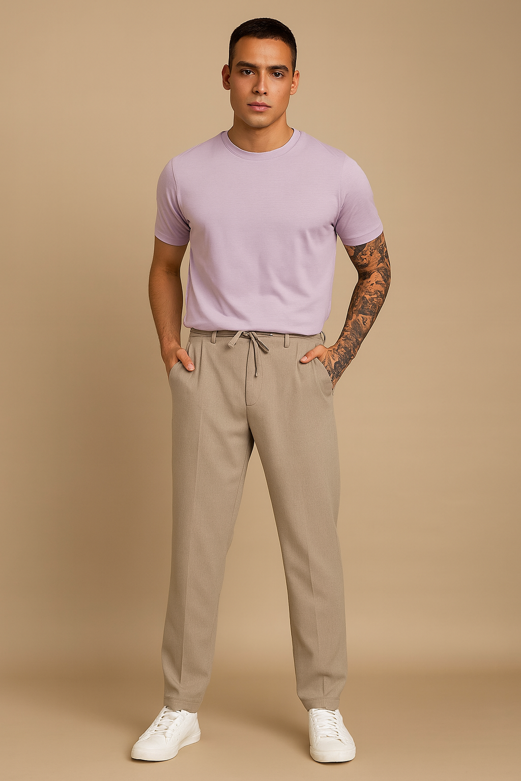 Beige Cotton Relaxed Fit Mid-Rise Trousers
