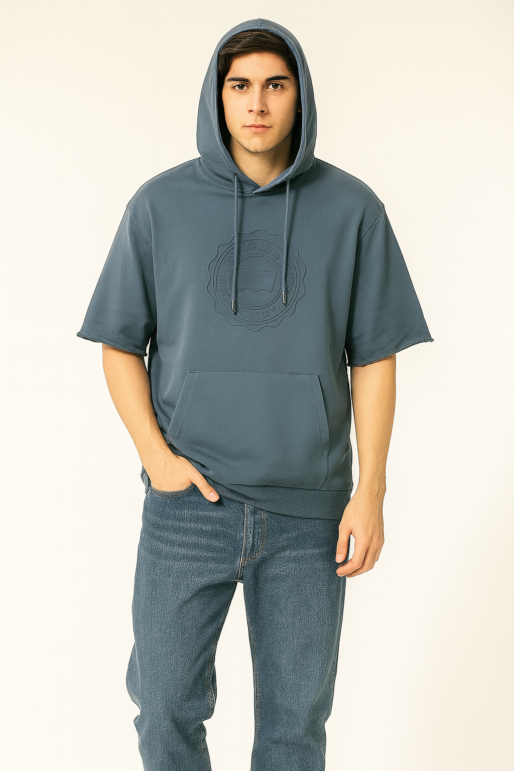 Casual Short Sleeve Cotton Hoodie with Embossed Detail – Blue