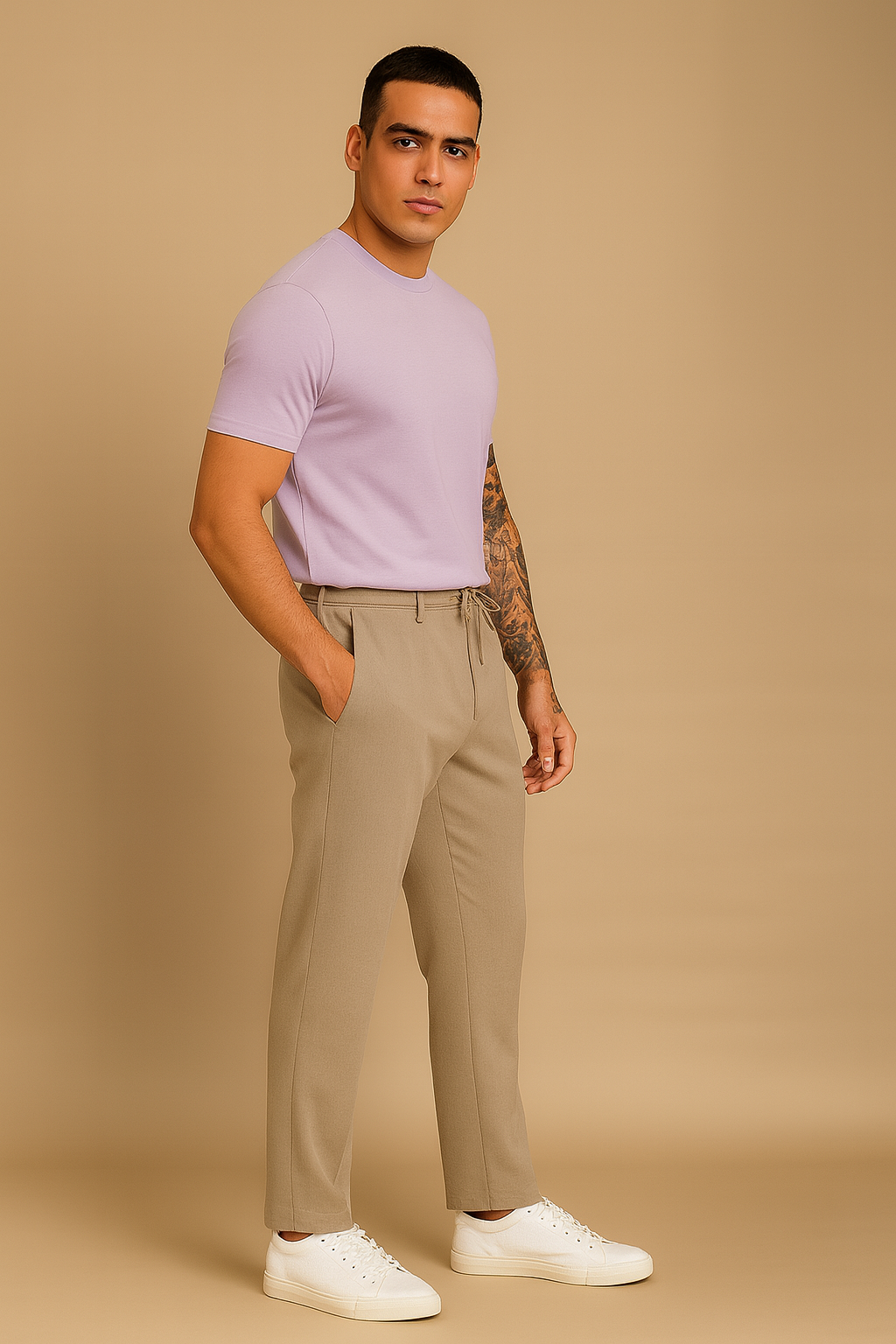 Beige Cotton Relaxed Fit Mid-Rise Trousers