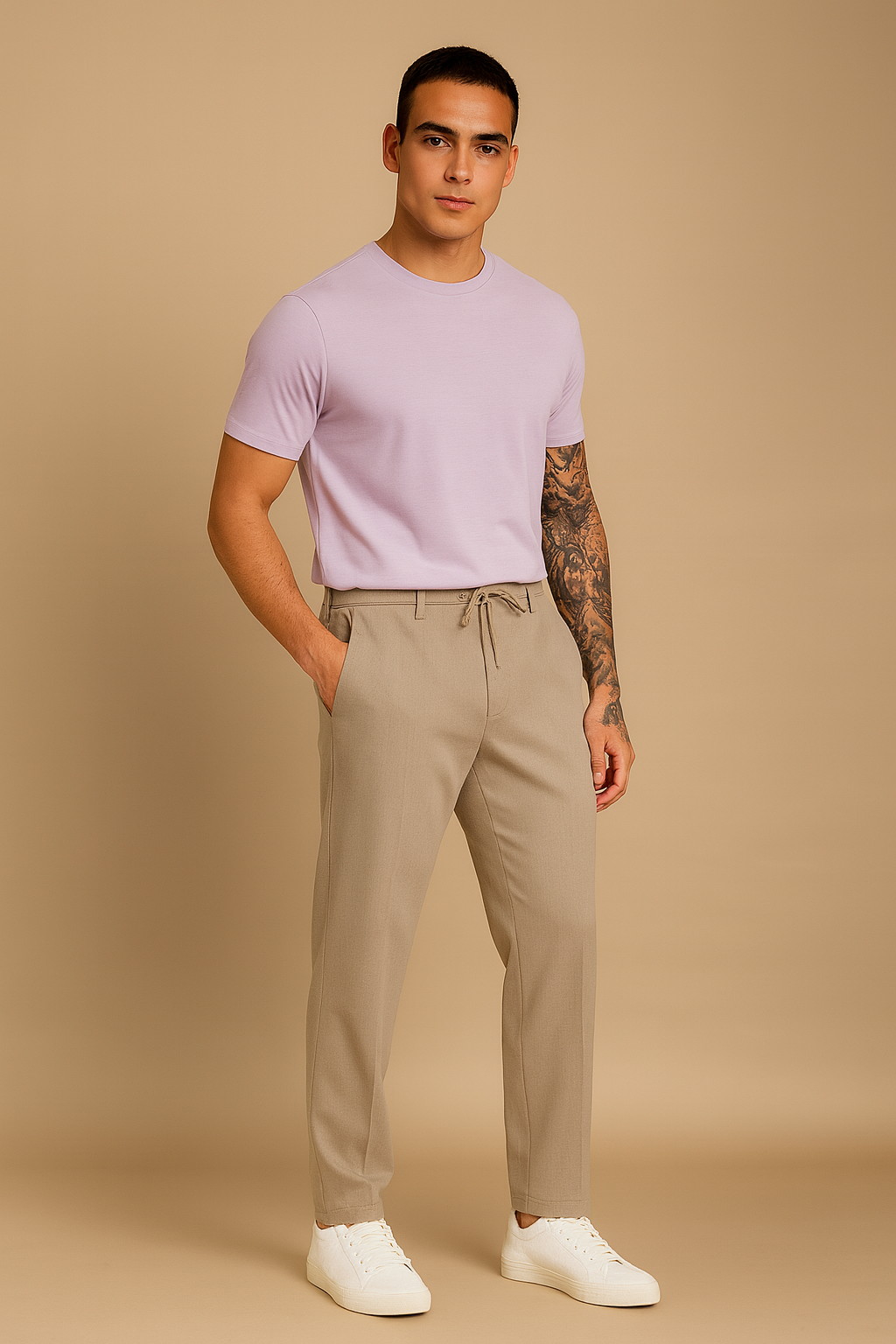 Beige Cotton Relaxed Fit Mid-Rise Trousers