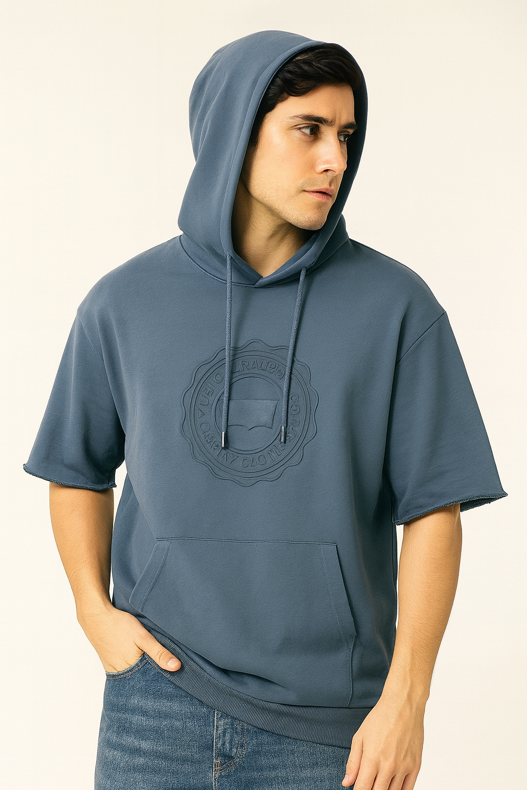 Casual Short Sleeve Cotton Hoodie with Embossed Detail – Blue