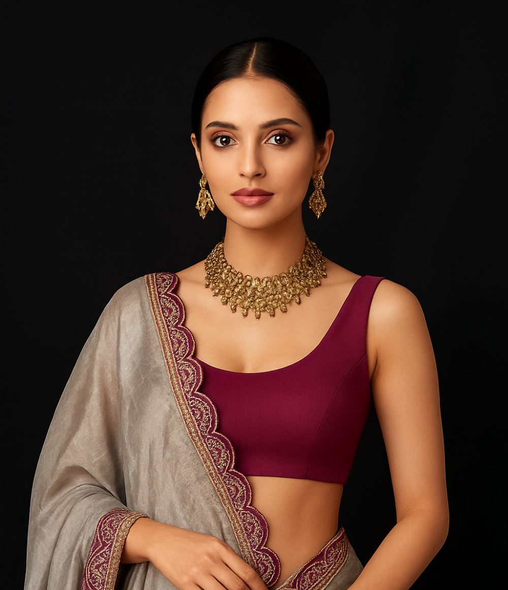 Elegant Organza Saree with Maroon Embroidered Border & Matching Blouse