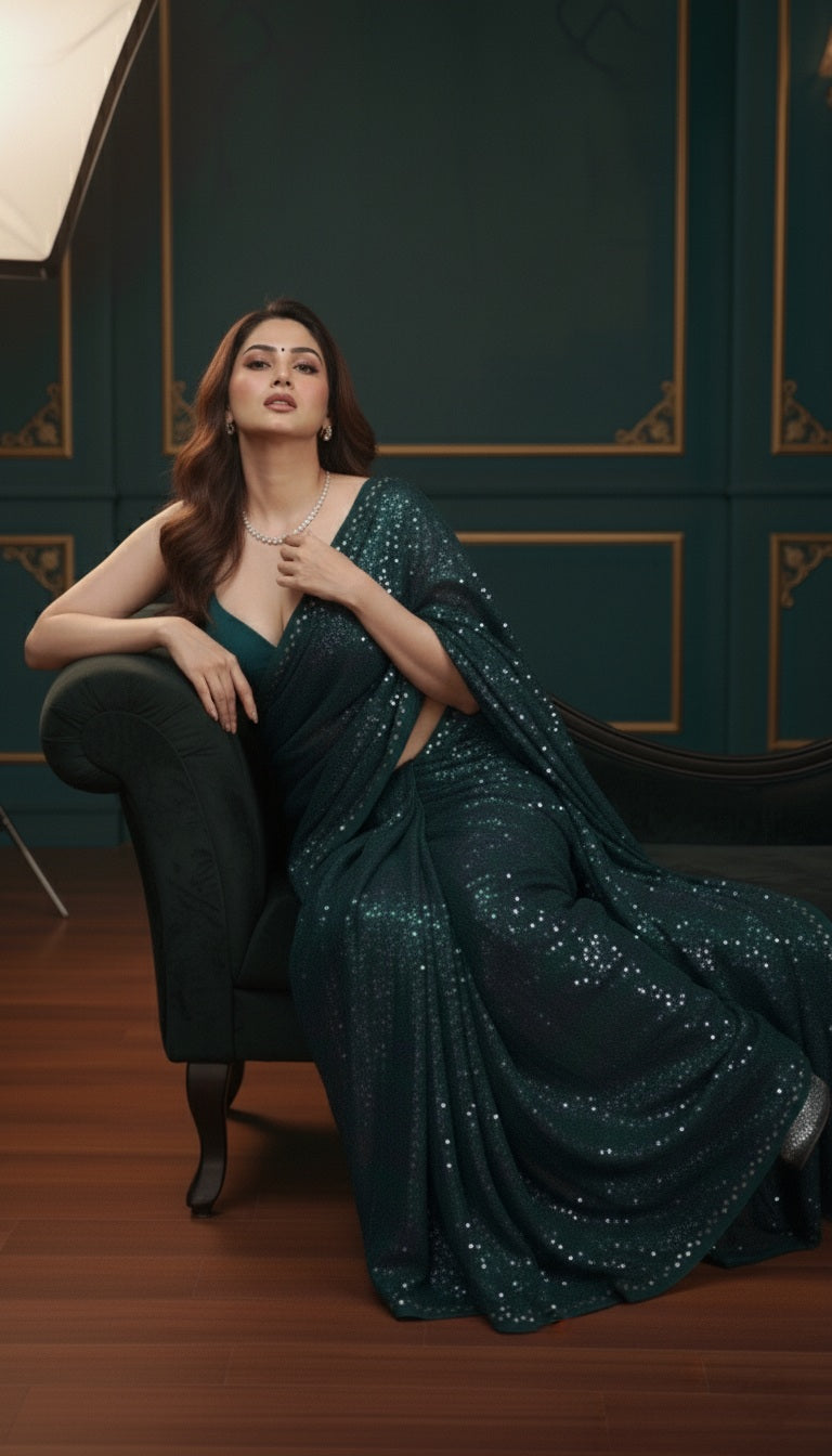 Royal Blue Mirror Work Embellished Poly Georgette Saree