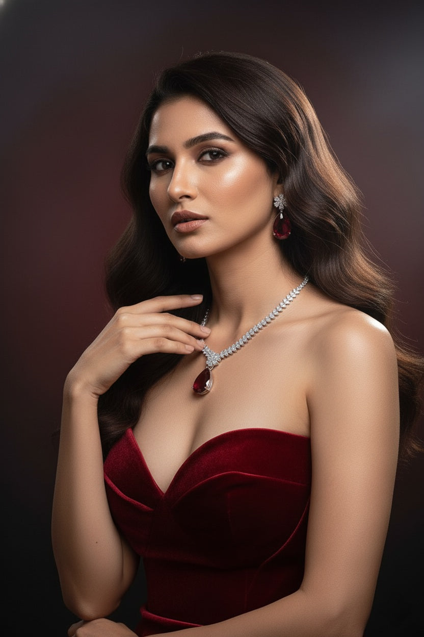 Elegant Silver-Toned Rhodium Finish Necklace & Earrings Set with CZ Stones