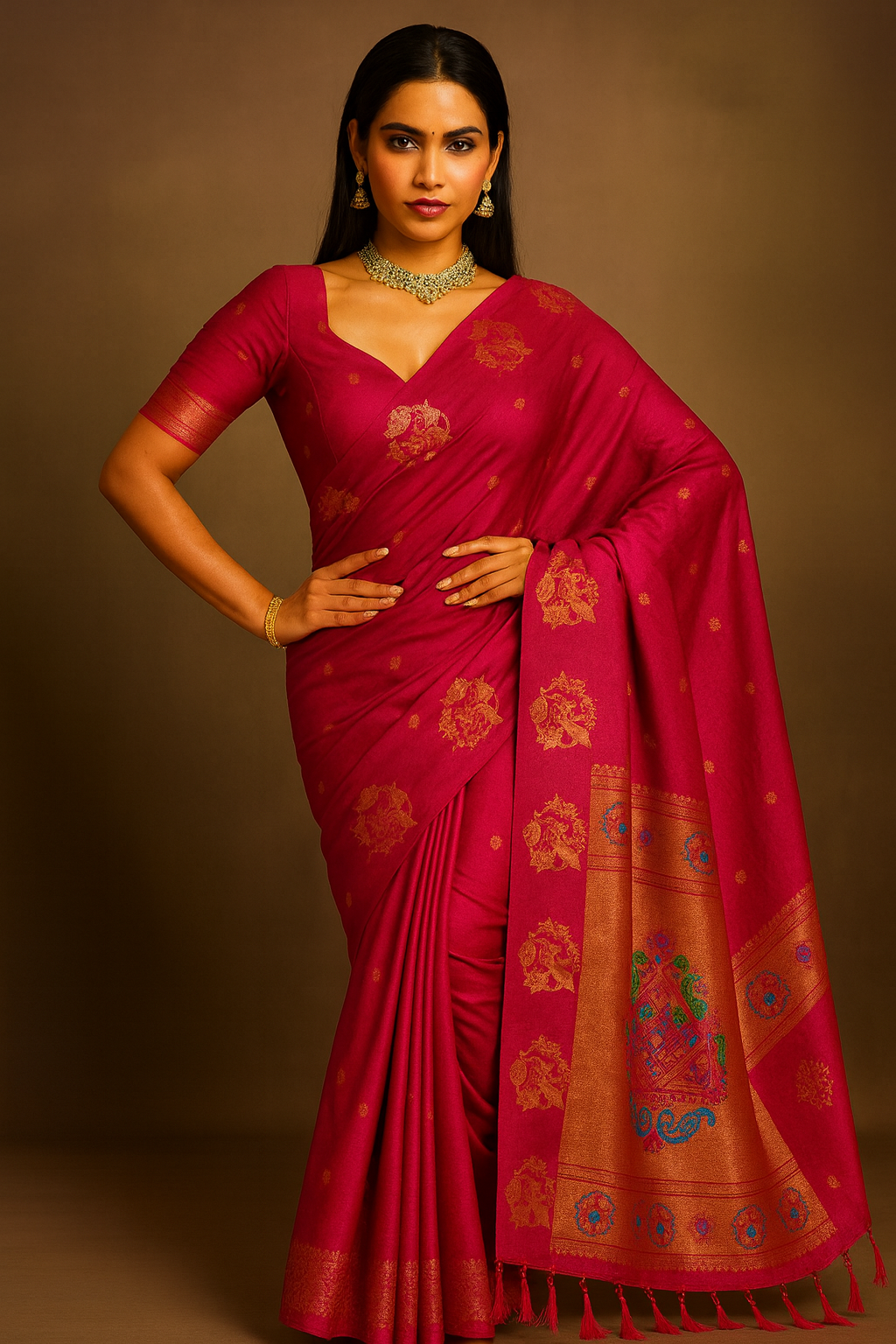 Pink Paithani Silk Blend Saree with Zari Weaving & Unstitched Blouse Piece