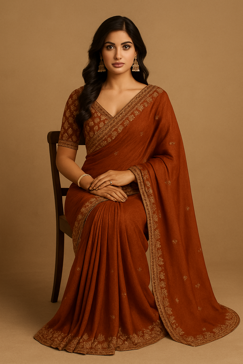 Designer Tissue Saree in Rich Brown & Gold – Celebrity Inspired Look