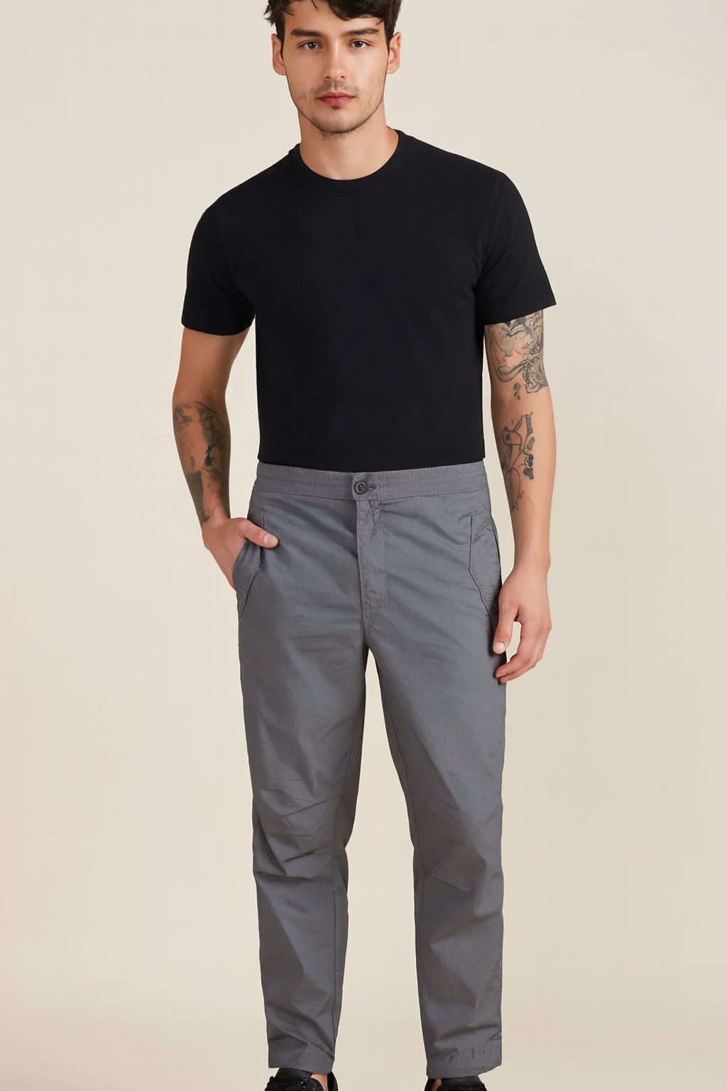 Grey Cotton Regular Fit Mid-Rise Flat-Front Trousers