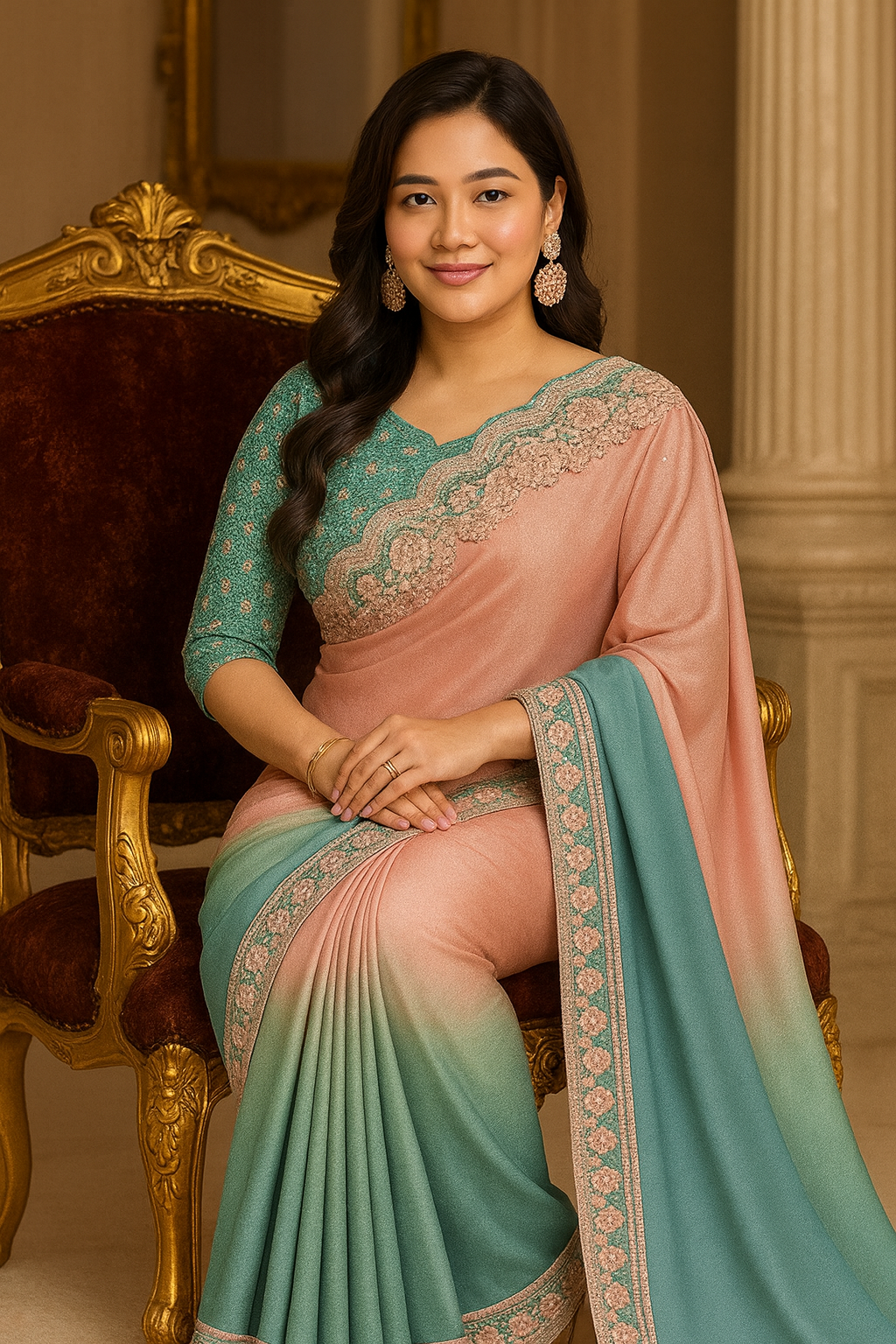 Peach & Teal Ombre Pure Chiffon Saree with Hand-Embellished Sequin Border