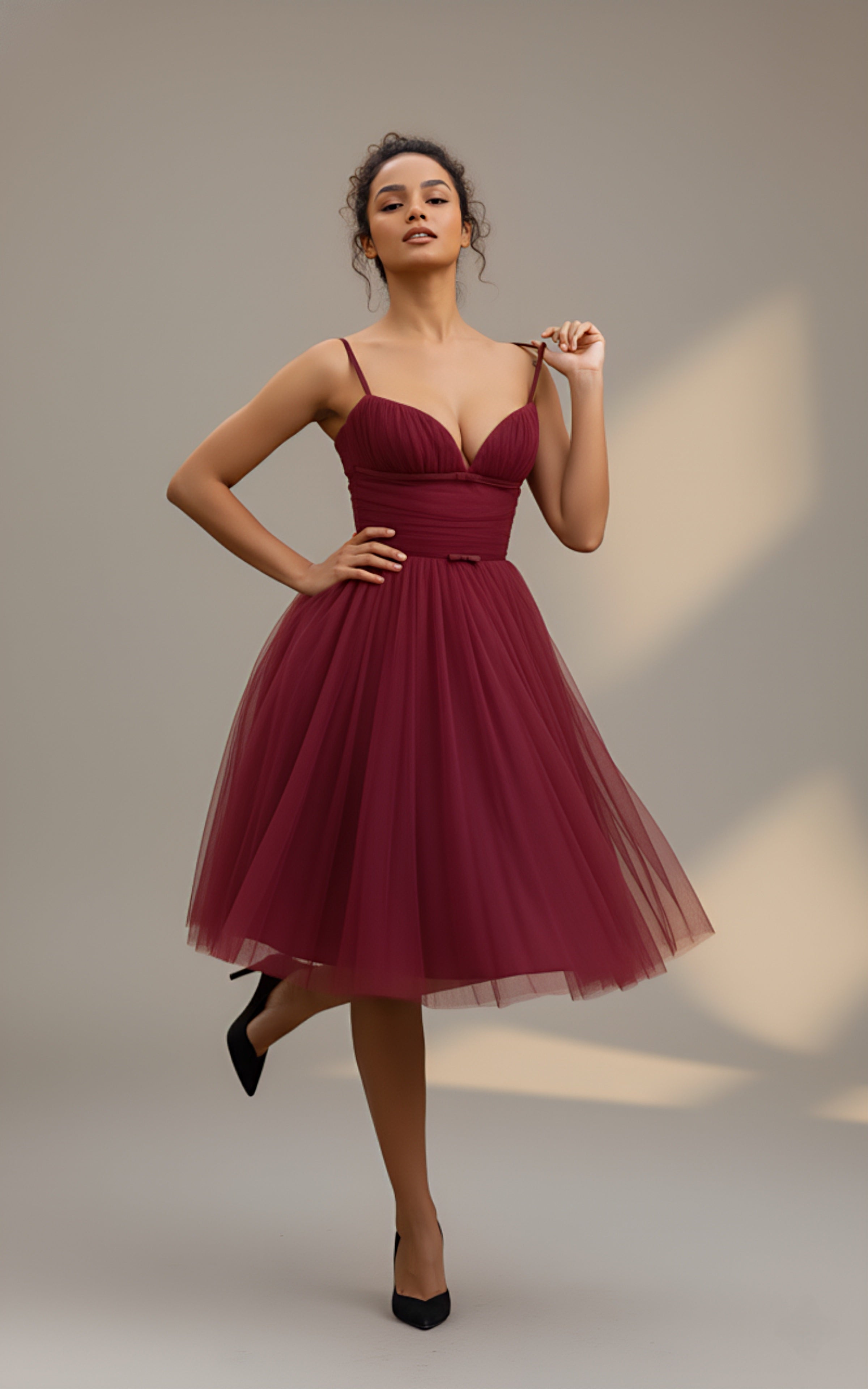 Maroon Sweetheart Neck Fit & Flare Midi Dress