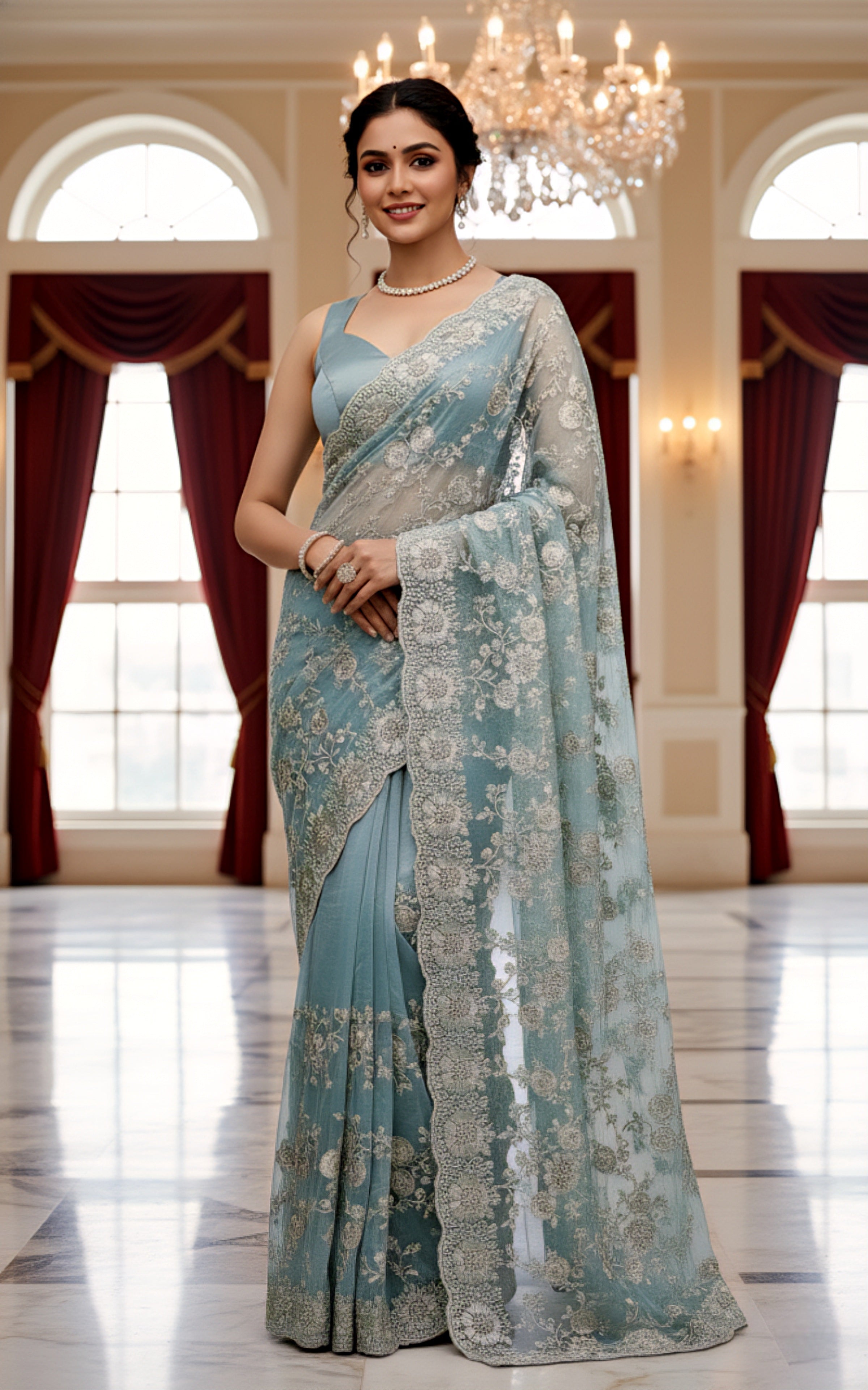 Blue & White Floral Embroidered Tissue Saree with Zari Detailing