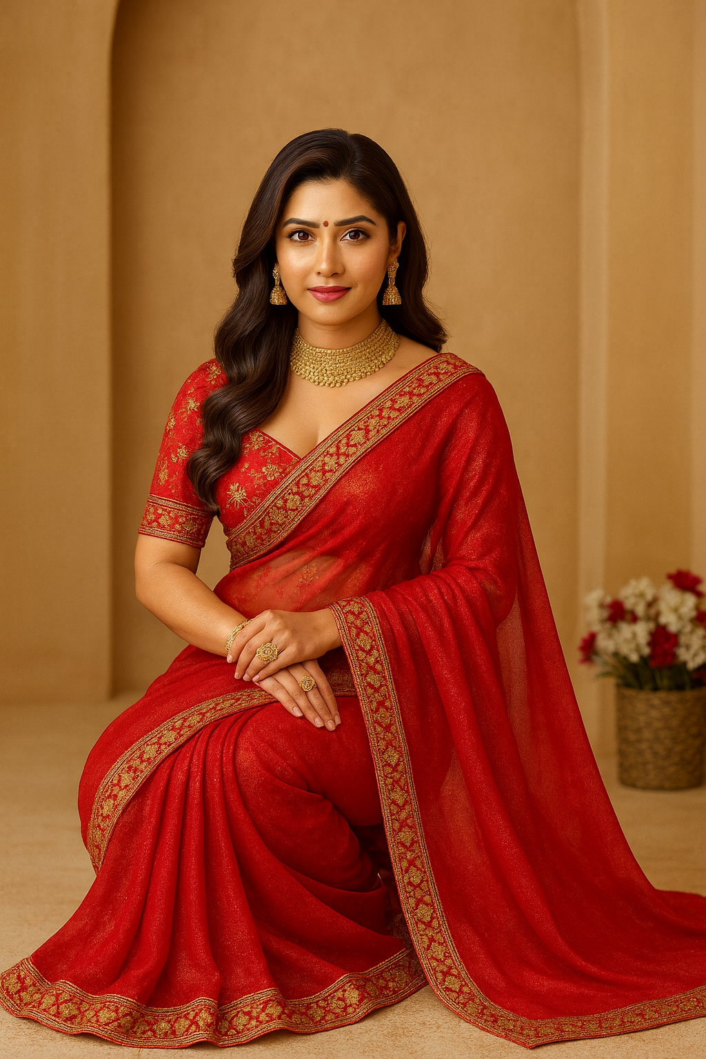 Premium & Festive Luxurious Red Silk Blend Saree Adorned with Golden Embroidery and Sequins
