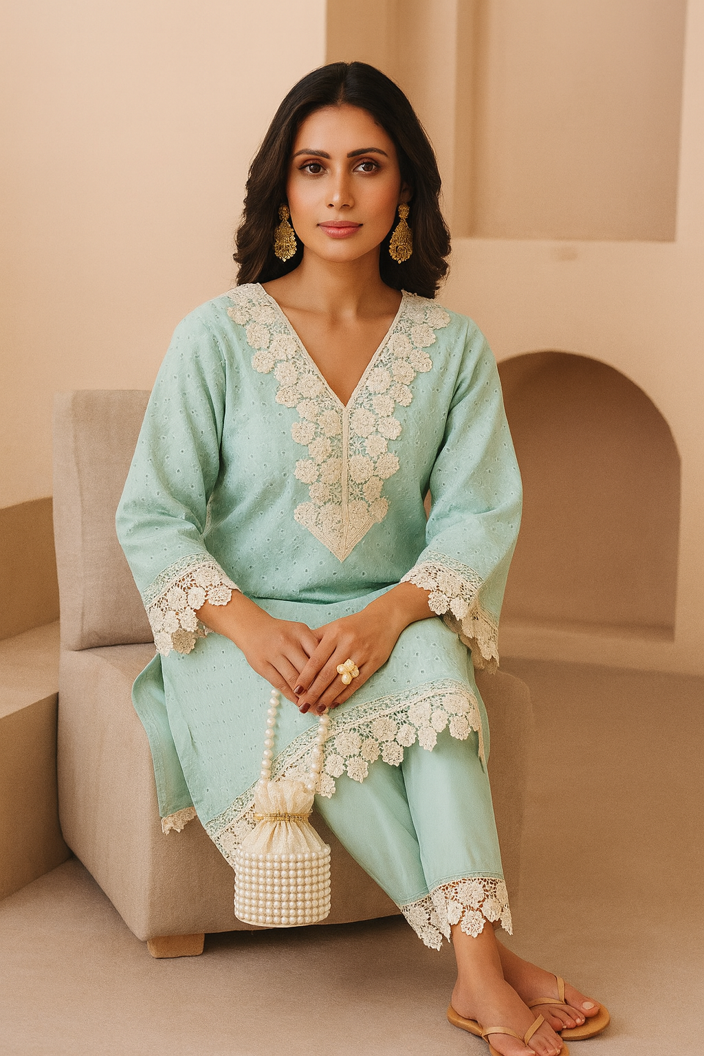 Premium Cotton Co-ords in Mint with Handcrafted Detailing
