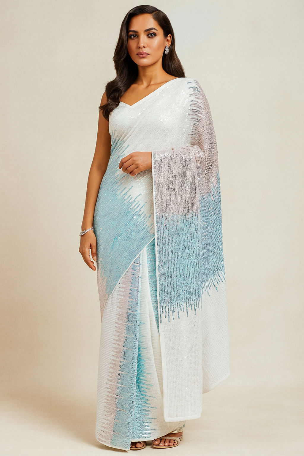 White & Blue Sequinned Pure Georgette Saree with Embellished Border