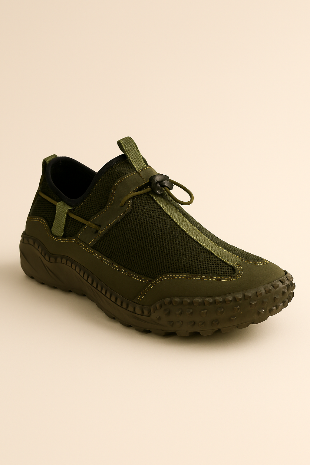 Men’s Olive Green Slip-On Sneakers with Mesh Detailing & Textured Sole