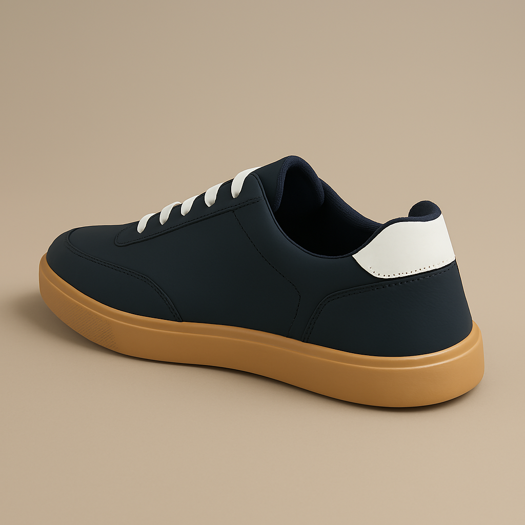 Men’s Navy Blue Casual Sneakers with White Lace-Up & Tan Rubber Sole
