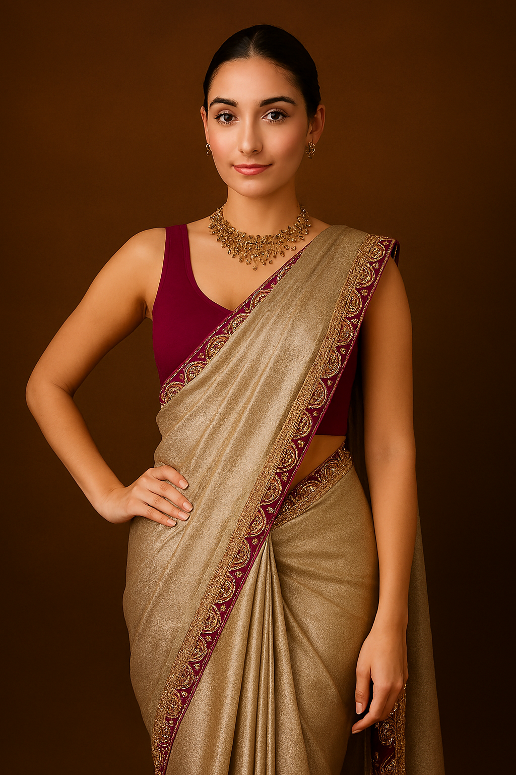 Elegant Organza Saree with Maroon Embroidered Border & Matching Blouse