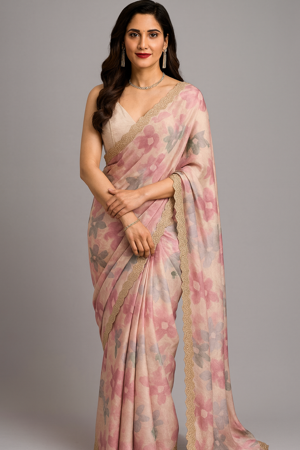 Beige Floral Georgette Saree with Embellished Lace Border