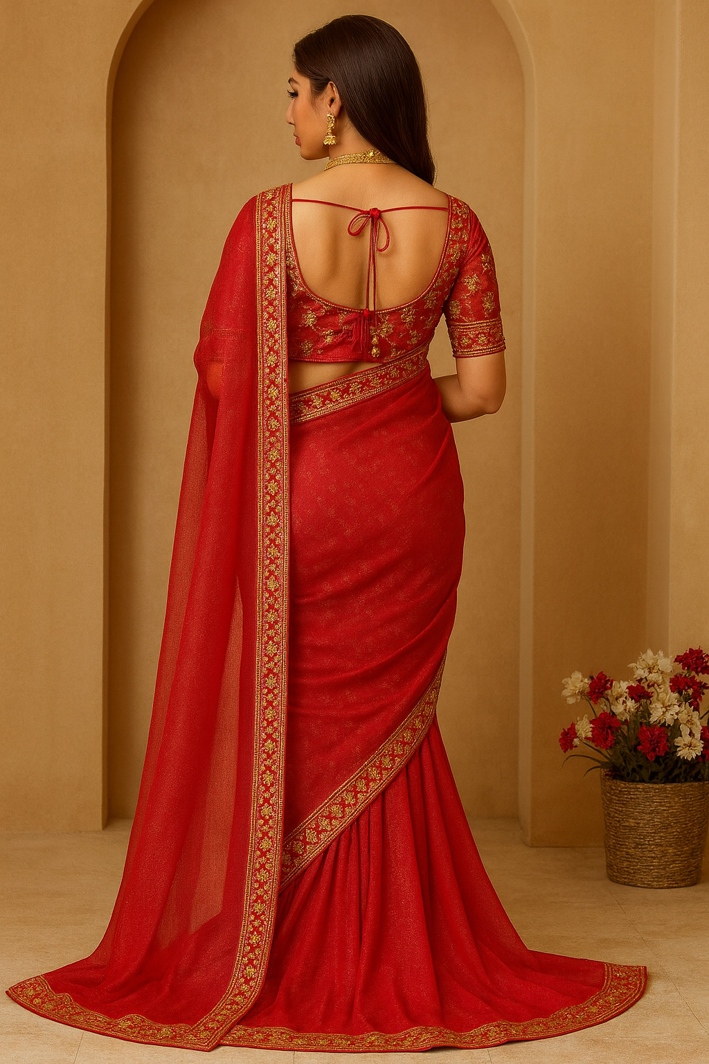 Premium & Festive Luxurious Red Silk Blend Saree Adorned with Golden Embroidery and Sequins