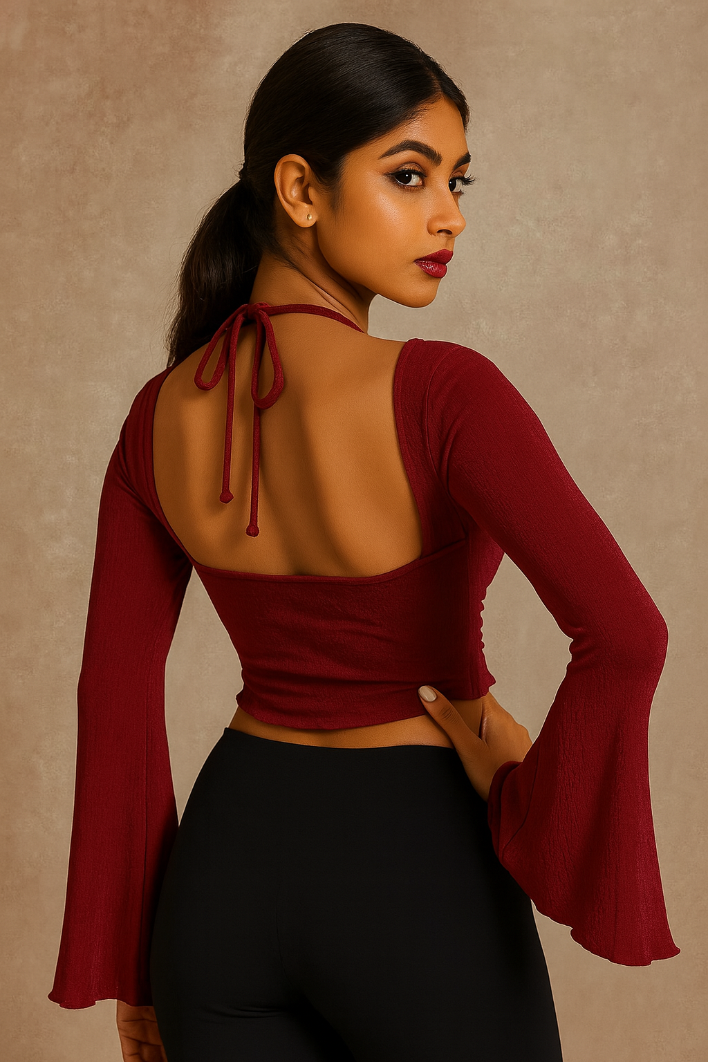Women’s Maroon Ruched Front Halter Neck Crop Top with Flare Sleeves