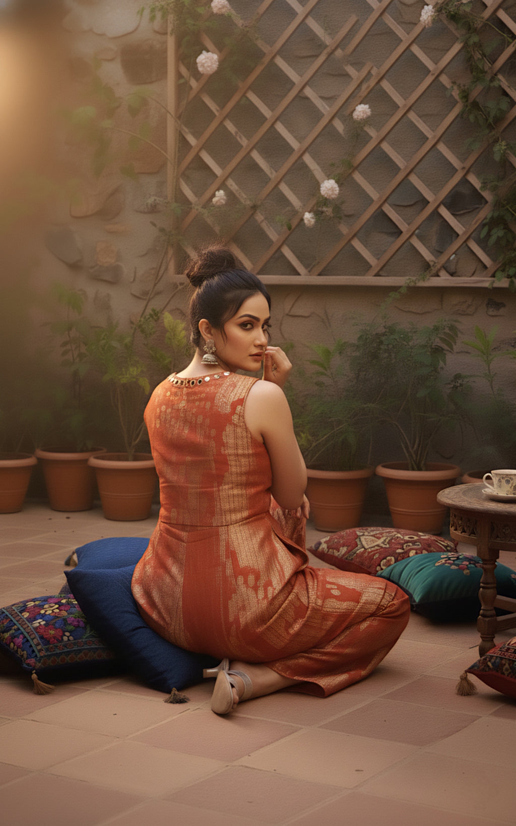 Rust Gold Designer Jumpsuit with Elegant Self Texture