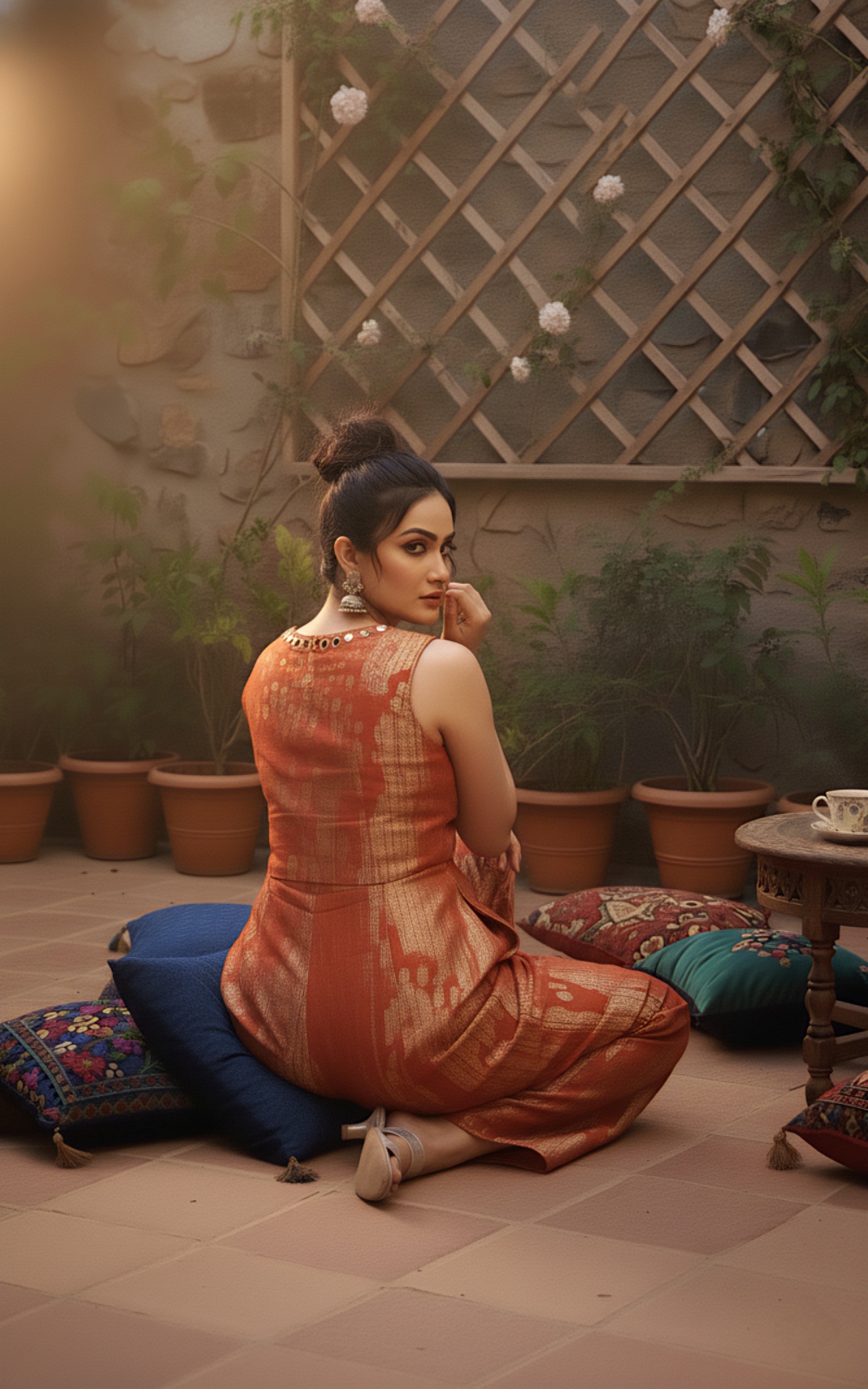 Rust Gold Designer Jumpsuit with Elegant Self Texture