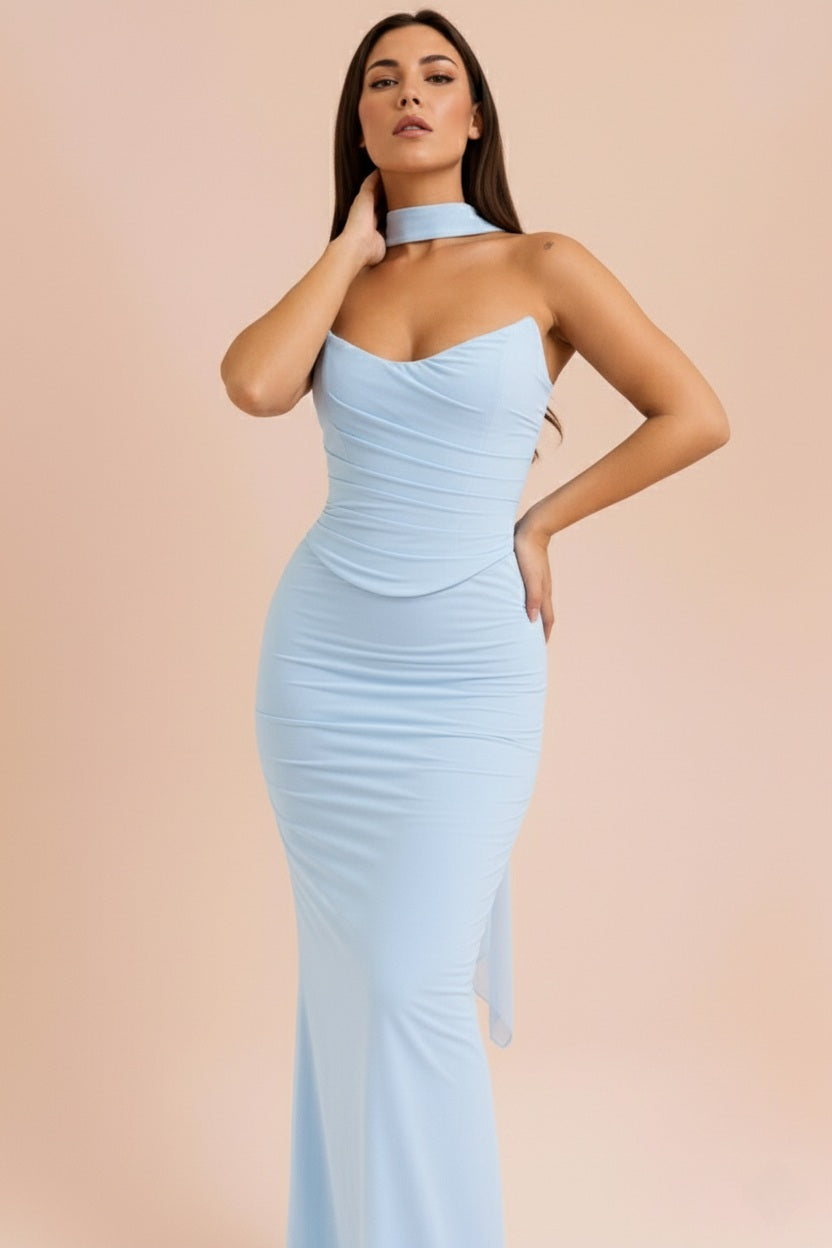 Sustainable Blue Maxi Bodycon Dress with Shoulder Straps