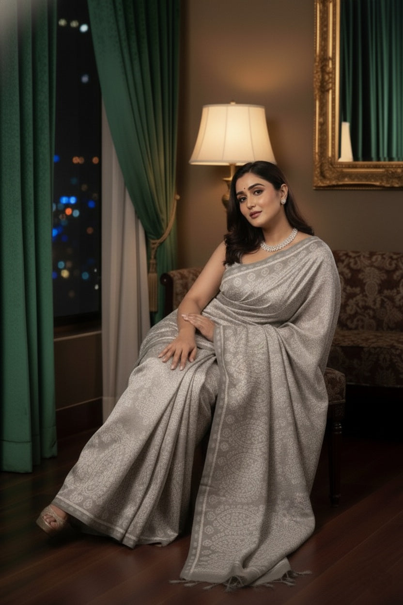 Premium Viscose Rayon Saree in Grey and White with Intricate Embroidered Border