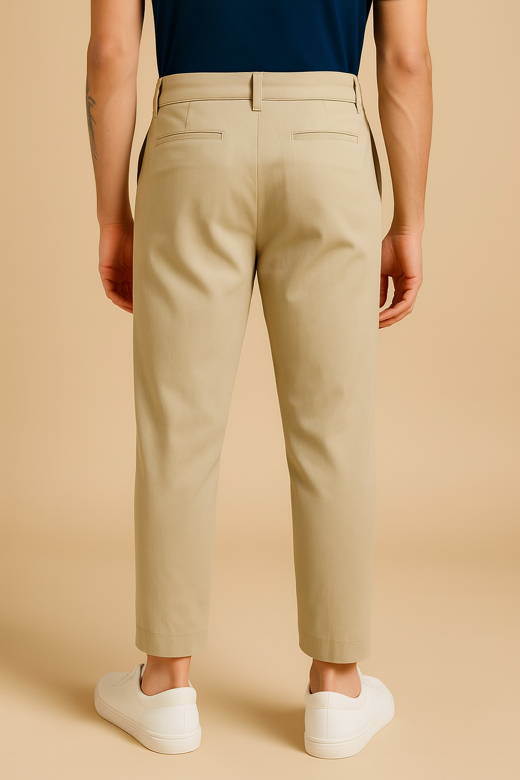 Beige Relaxed Fit Cotton Blend Trousers