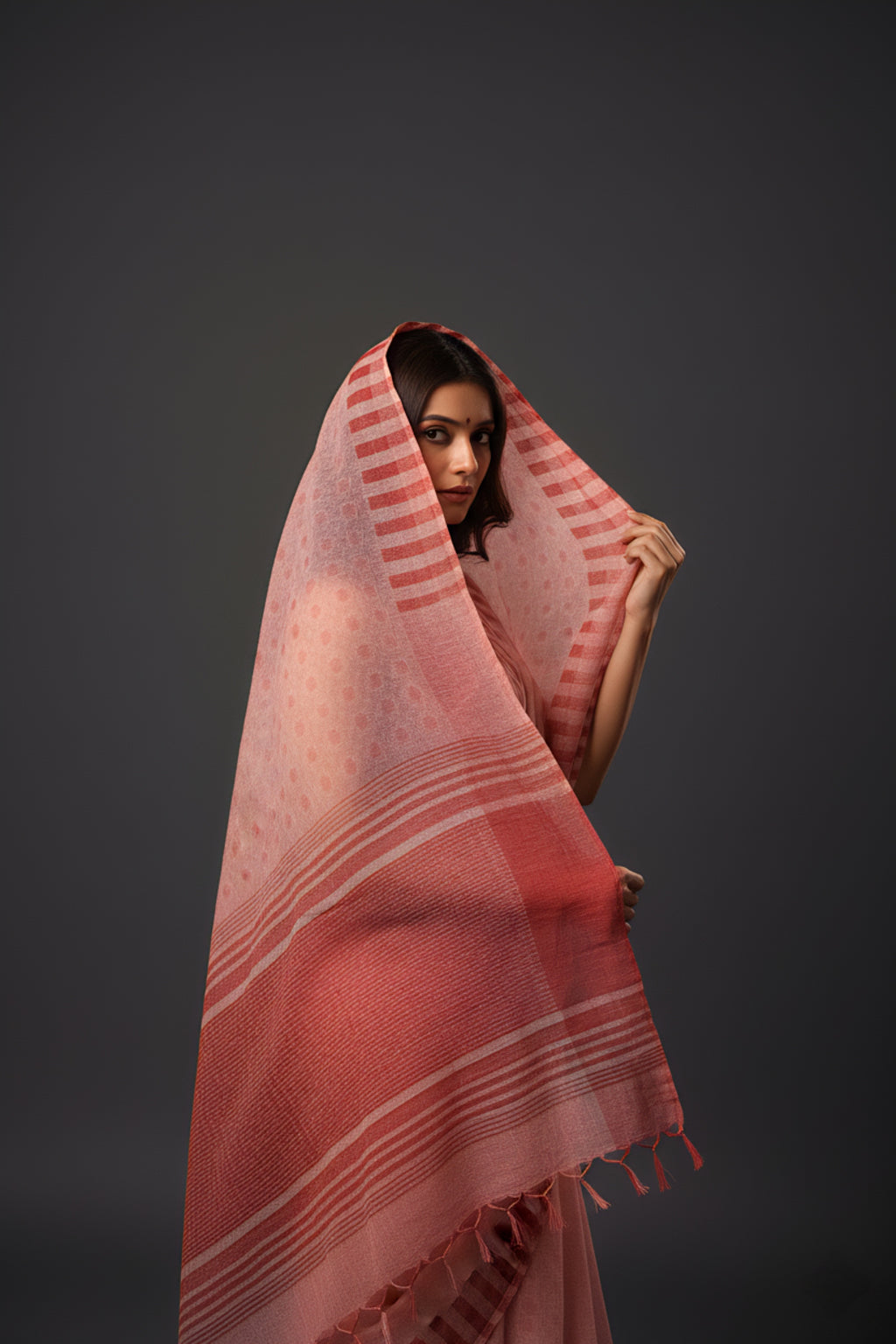 Graceful Red Brasso Saree with Floral Prints & Stylish Striped Edges