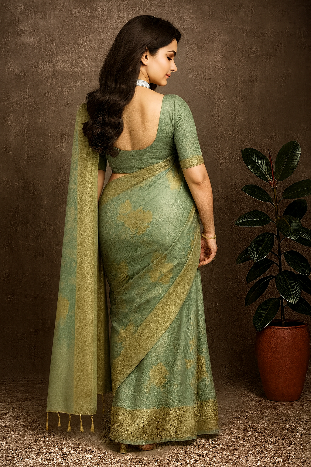 Pastel Green Soft Silk Saree with Floral Digital Print & Golden Zari Border