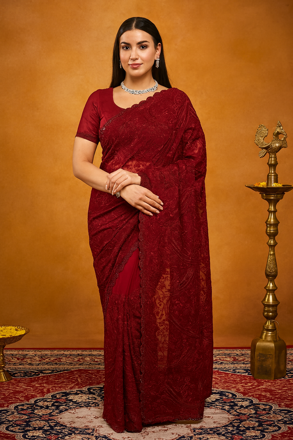 Crimson Red Pure Georgette Saree with Intricate Floral Embroidery & Scalloped Border