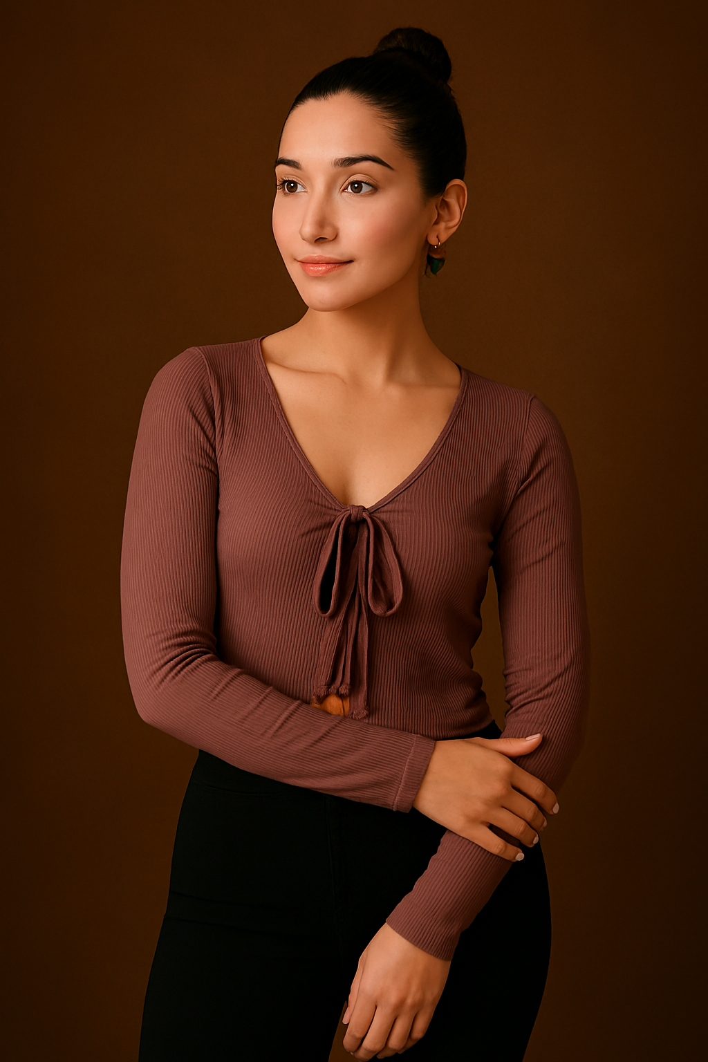 Women’s Ribbed V-Neck Tie Front Long Sleeve Top – Brown