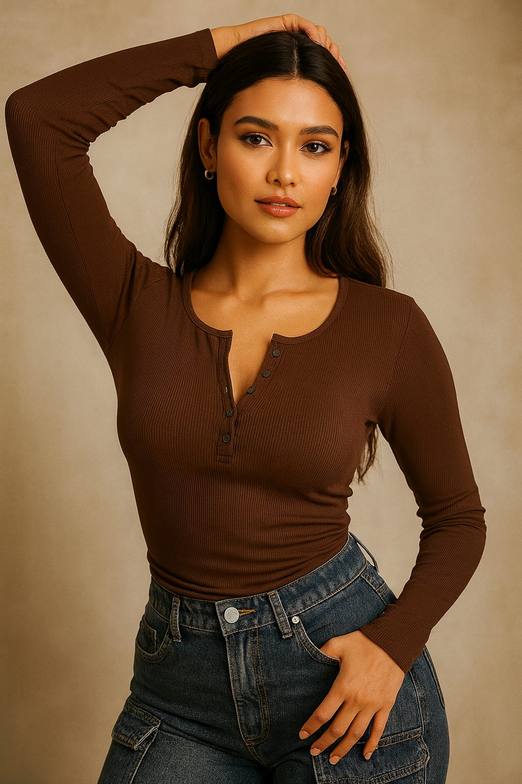 Women’s Solid Brown Ribbed Full Sleeve Henley Top