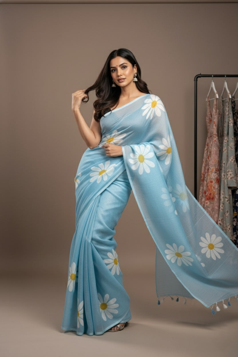 Ethereal Bloom Handloom Cotton Saree with Bangalori Silk Blouse