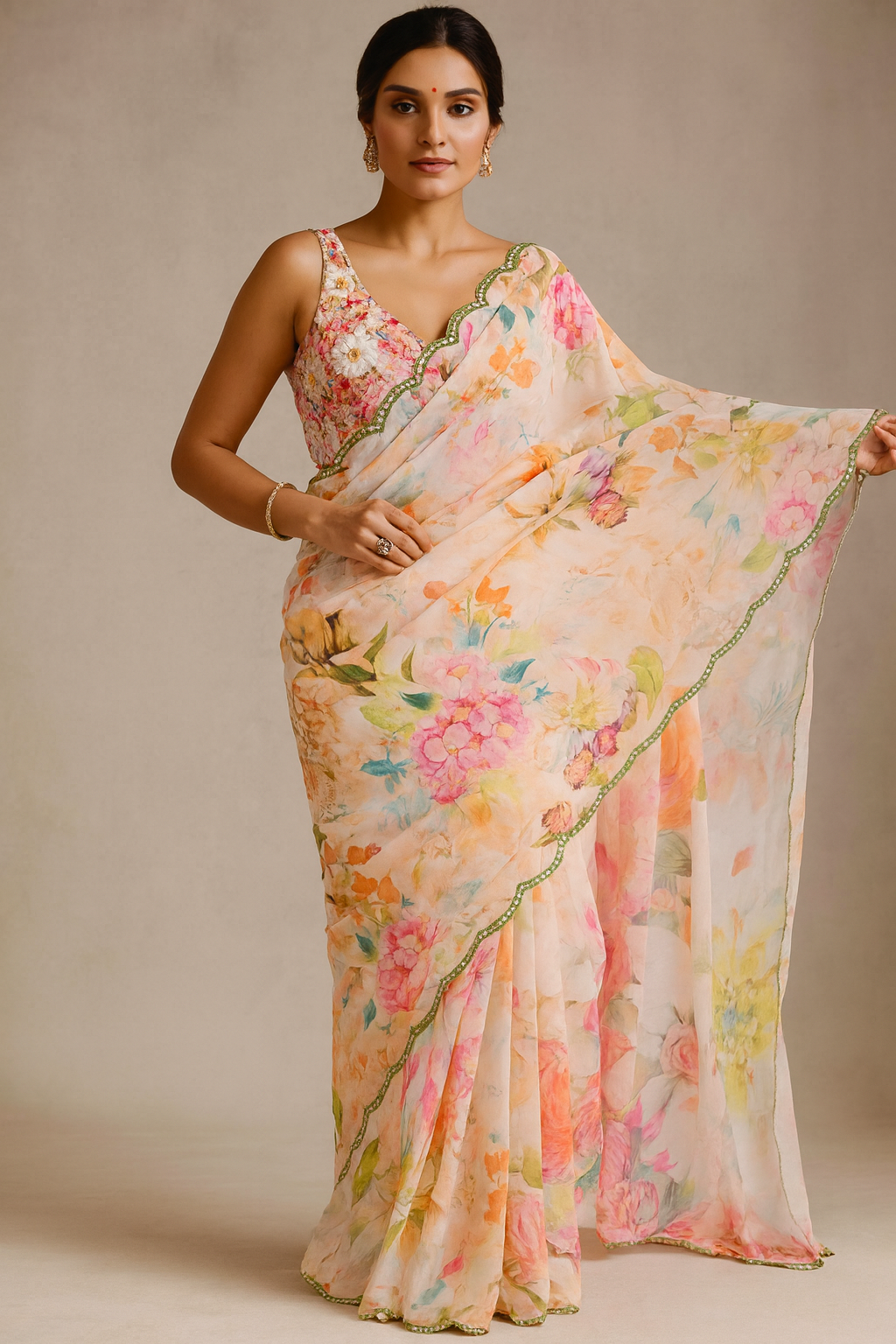 Peach Floral Silk Blend Saree with Embellished Mirror-Work Border
