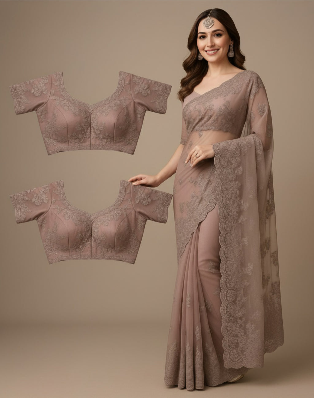 Premium Net Saree in Pink with Intricate Floral Embroidery