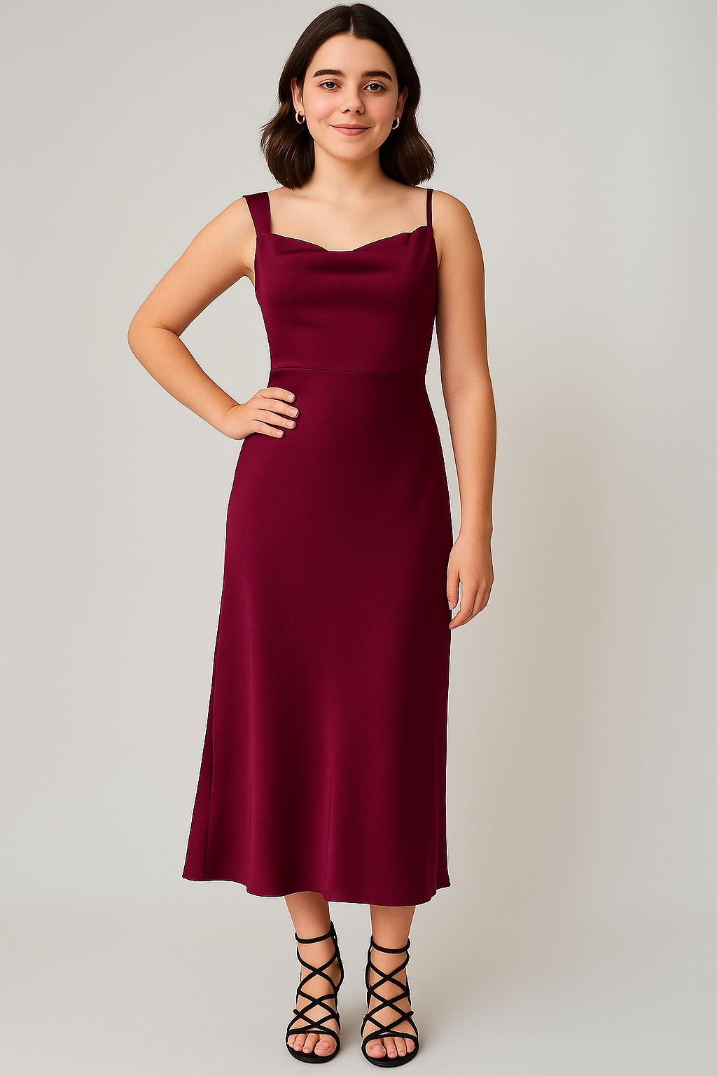 Magenta Satin Silk Maxi Dress with Cowl Neck