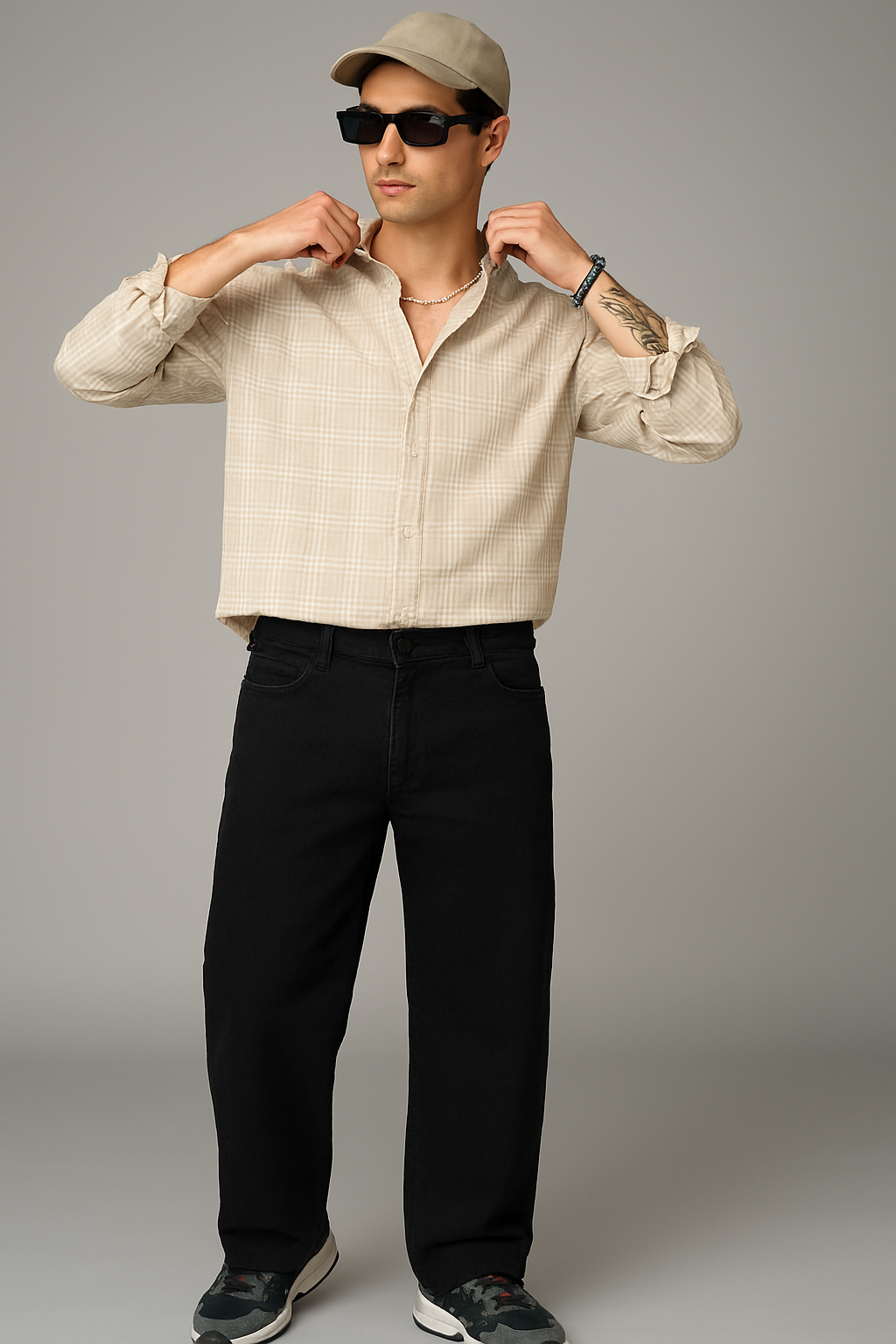 Men’s Casual Cotton Shirt – Boxy Fit, Seersucker Check Pattern