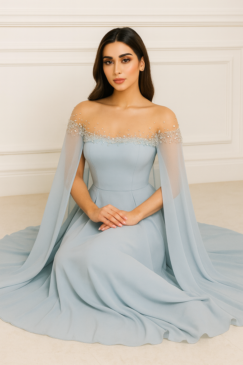 Ethereal Blue Embellished Off-Shoulder Gown with Flowing Cape Sleeves