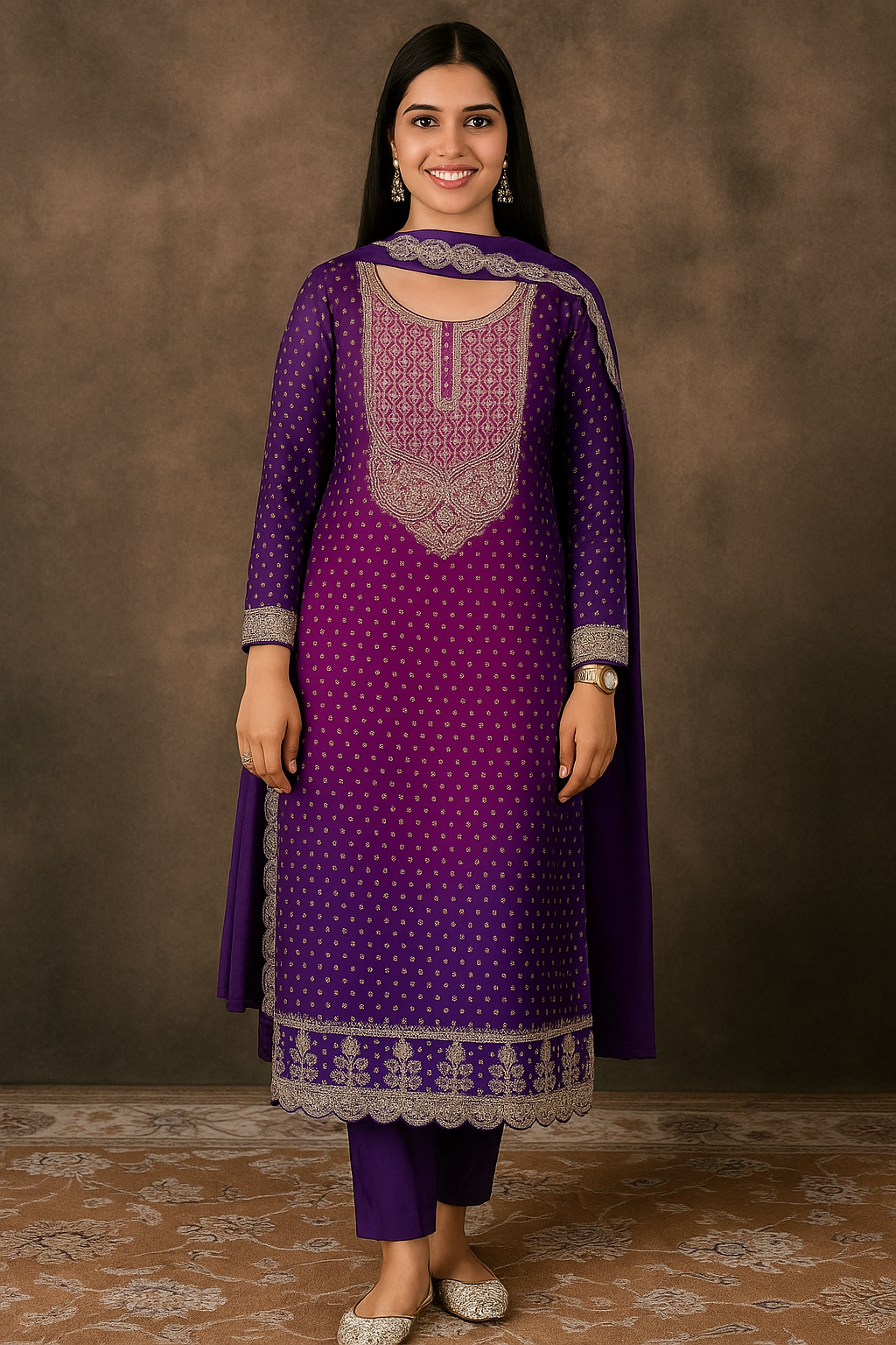 Elegant Purple Silk Blend Bandhani Kurta Set with Zari Embroidery & Dupatta