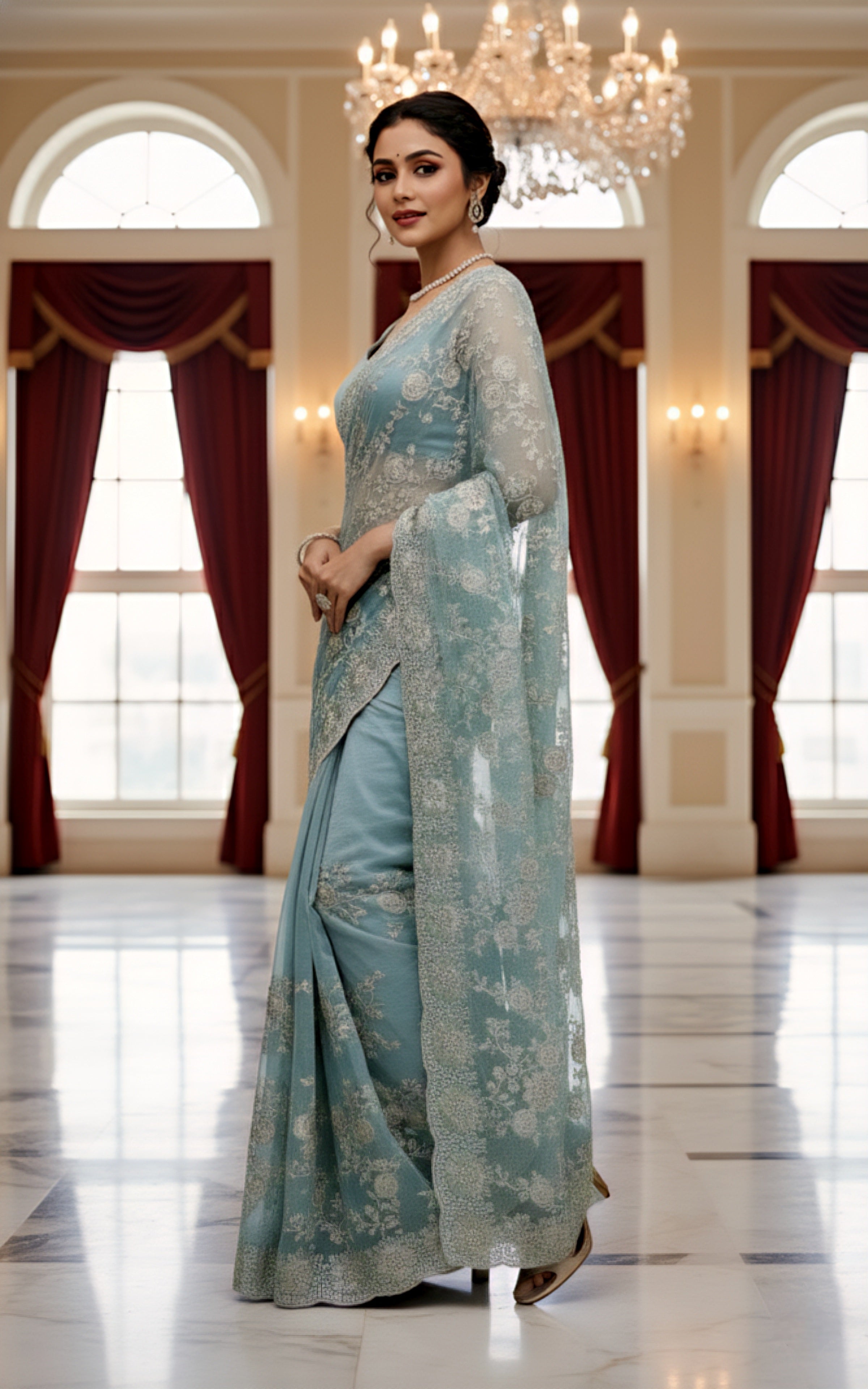 Blue & White Floral Embroidered Tissue Saree with Zari Detailing