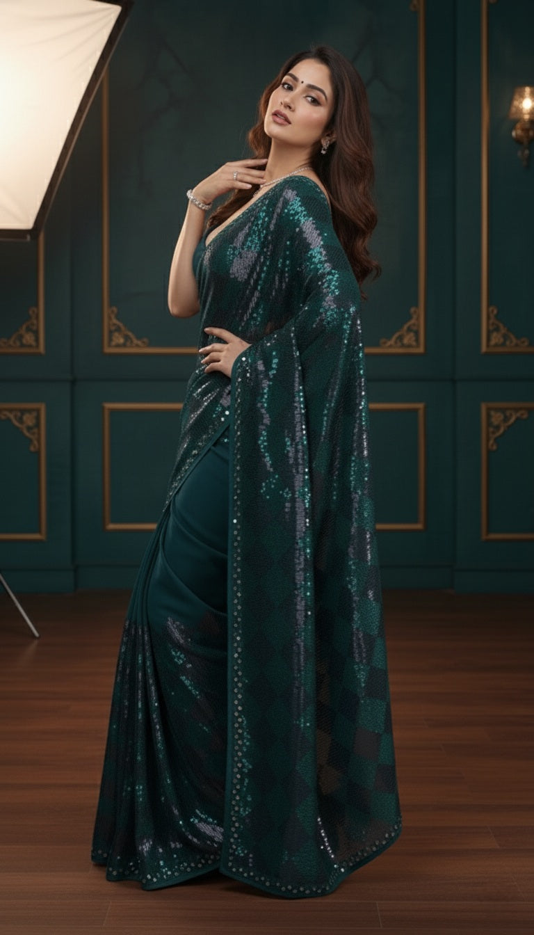 Royal Blue Mirror Work Embellished Poly Georgette Saree