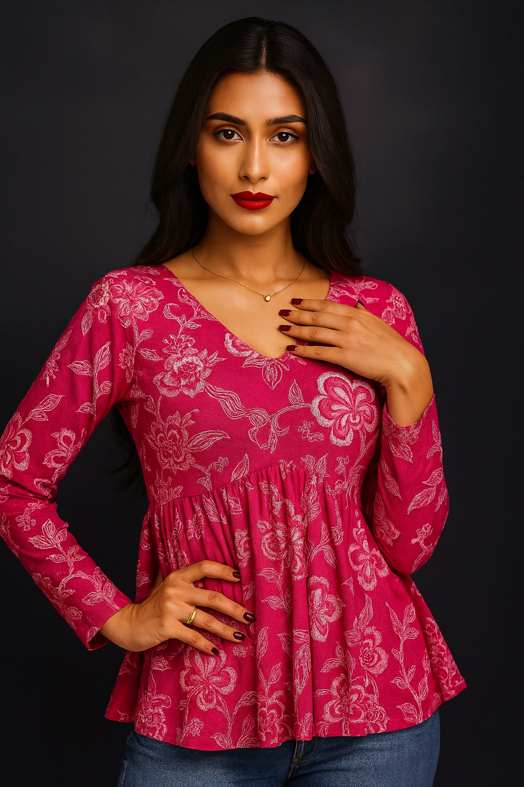 Flared Pink Rayon Floral Print Peplum Top for Women