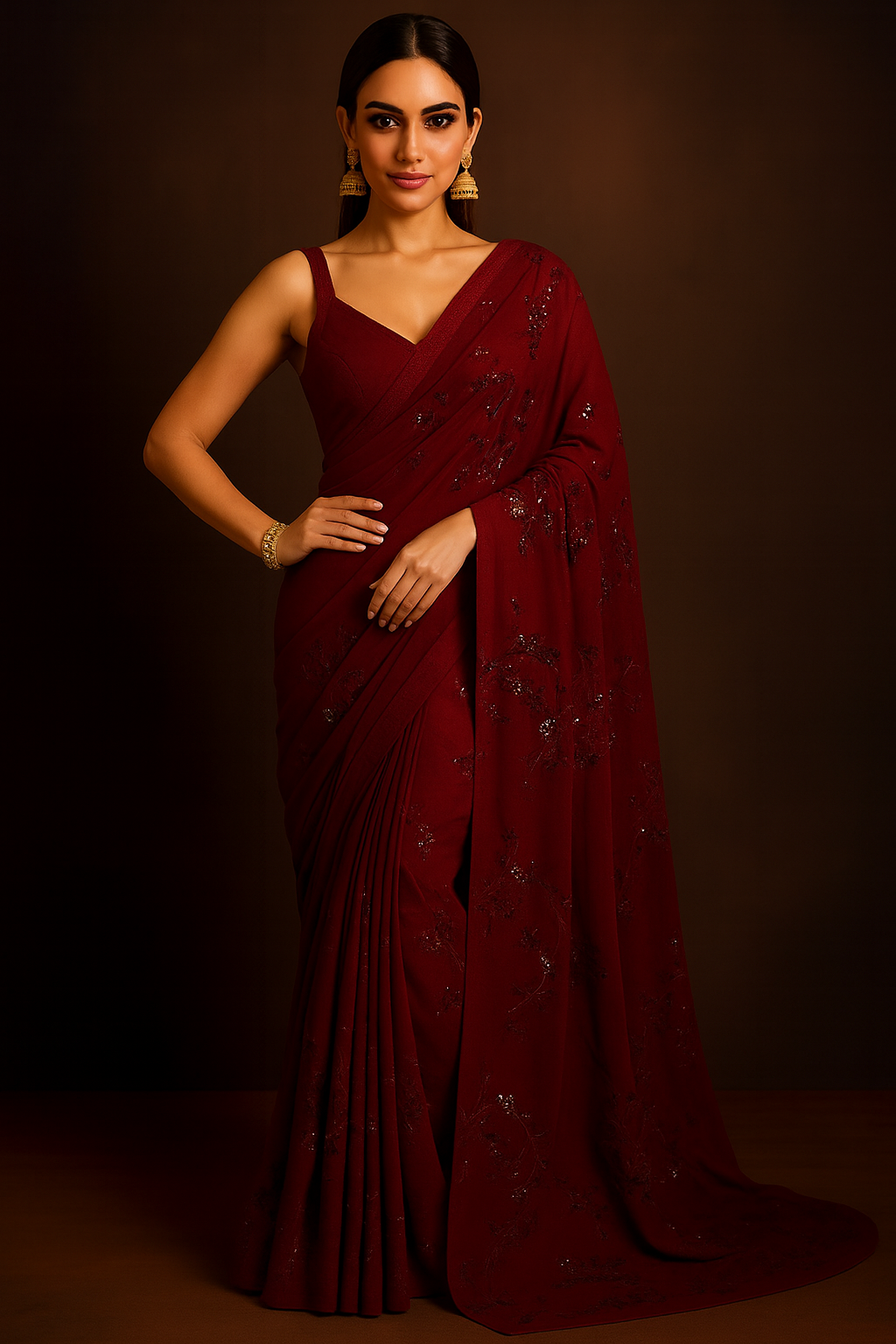 Maroon Pure Georgette Sequin Embellished Saree with Satin Blouse Piece