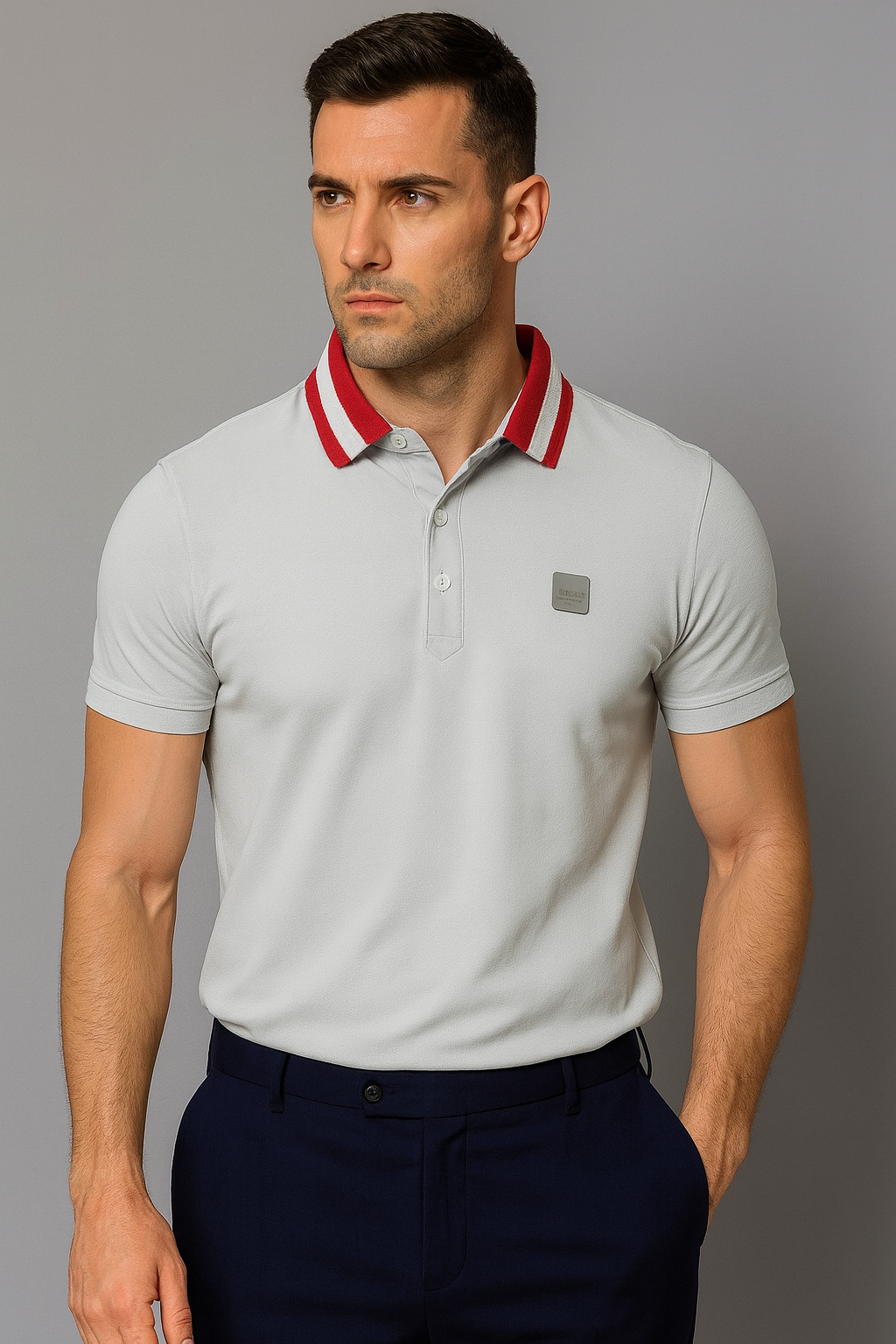 Men’s Grey Polo T-Shirt with Contrast Red Collar – Slim Fit Cotton Casual Wear