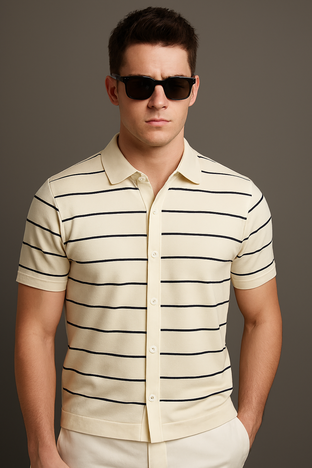 Men’s Striped Beige & Dew Polo T-Shirt – Cotton Comfort, Classic Style
