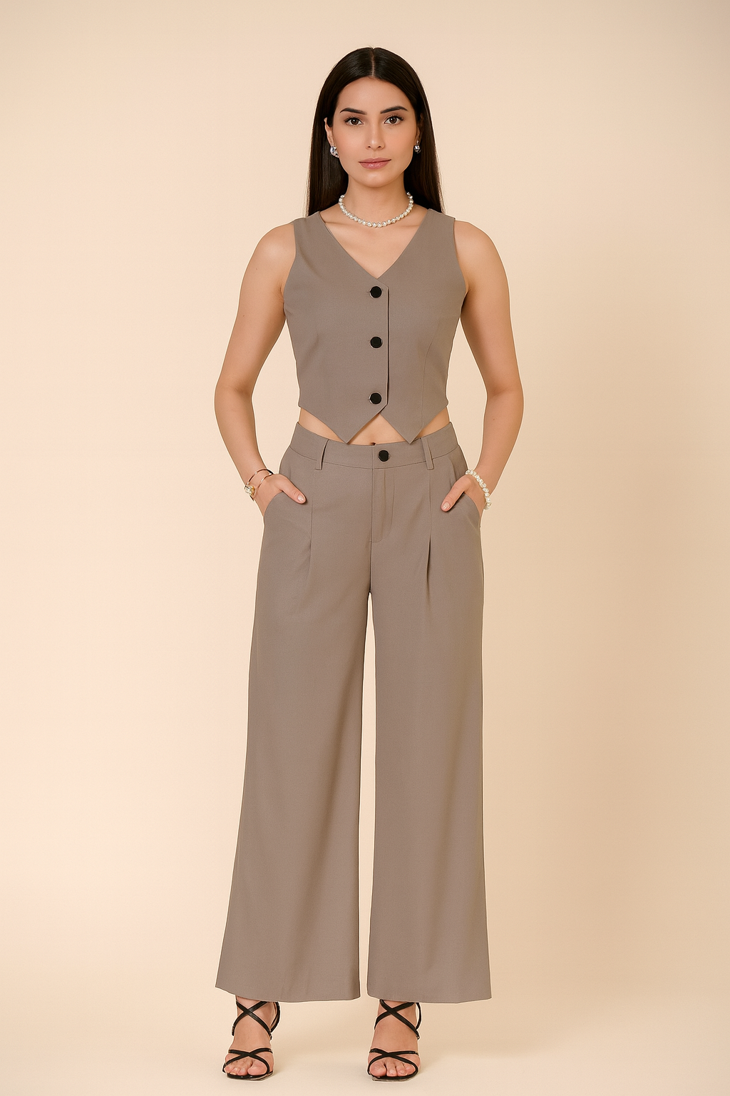 Women’s Sleeveless V-Neck Co-Ord Set with Wide-Leg Trousers – Elegant Formal Wear